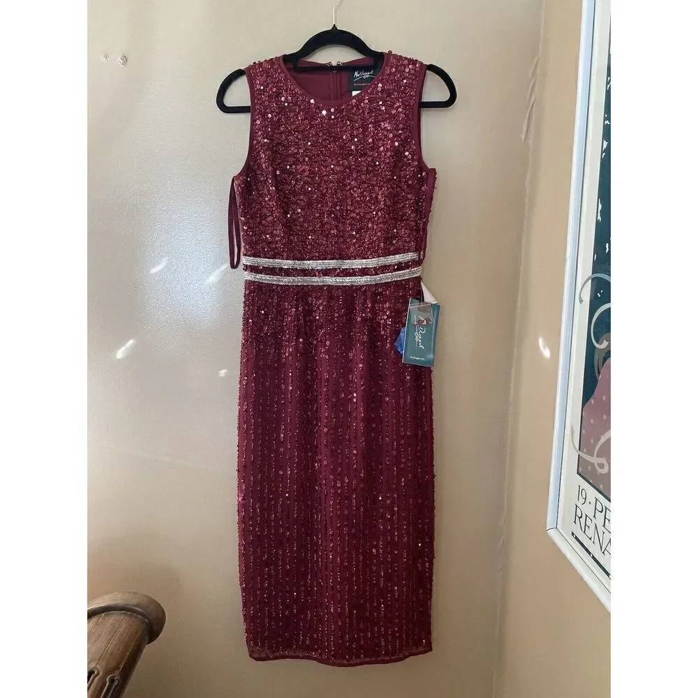 Mac Duggal Red Sequin Beaded Midi Sheath Cocktail Dress Gown Sz 6 $398 NWT 10509